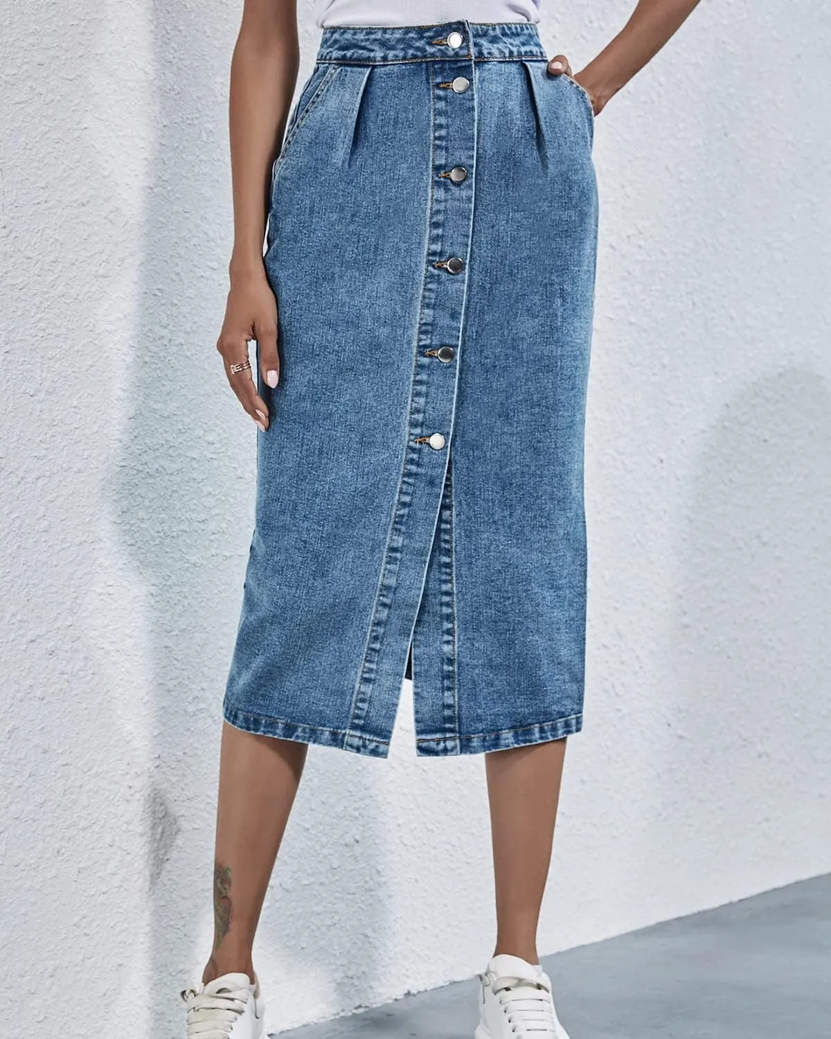 Womens High Waisted Washed Button Front Denim Long Skirt Midi Length A Line Denim Jean Pencil Skirt
