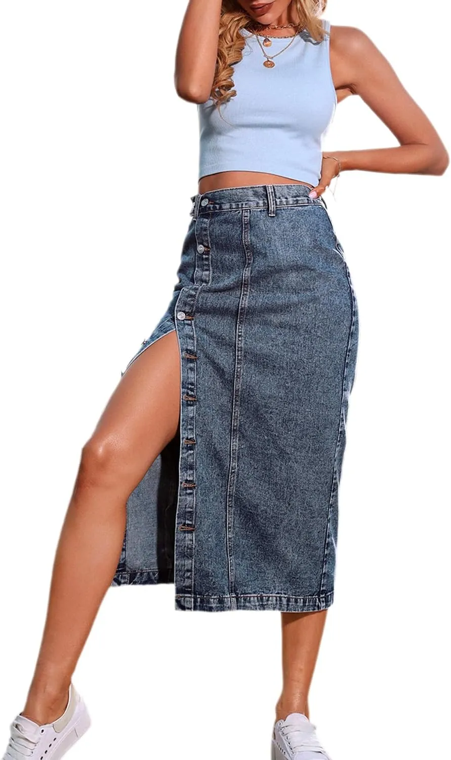 Womens High Waisted Washed Button Front Denim Long Skirt Midi Length A Line Denim Jean Pencil Skirt
