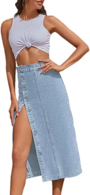 Womens High Waisted Washed Button Front Denim Long Skirt Midi Length A Line Denim Jean Pencil Skirt