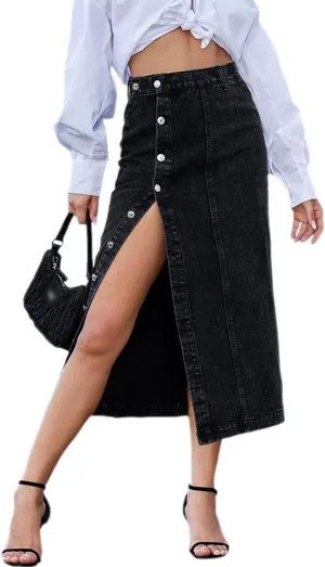 Womens High Waisted Washed Button Front Denim Long Skirt Midi Length A Line Denim Jean Pencil Skirt
