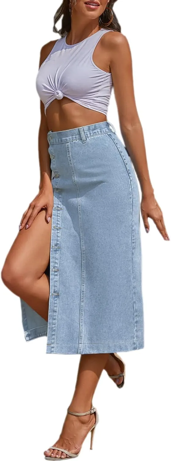 Womens High Waisted Washed Button Front Denim Long Skirt Midi Length A Line Denim Jean Pencil Skirt
