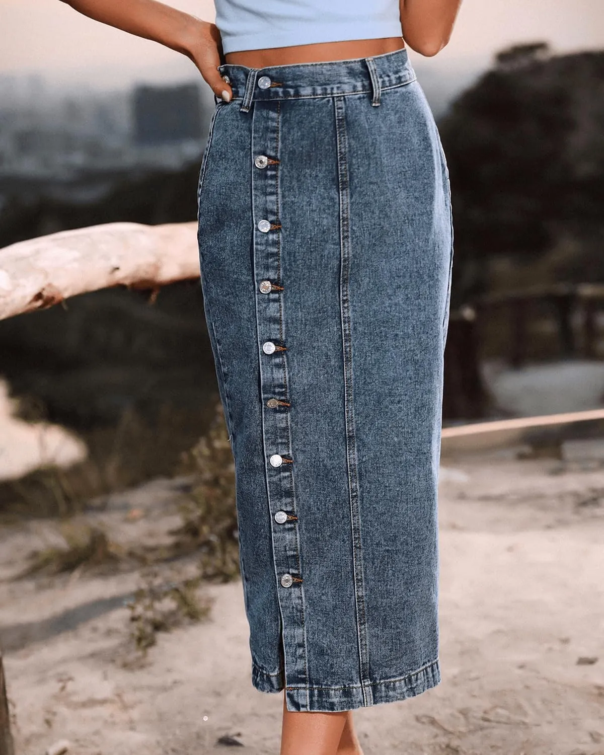 Womens High Waisted Washed Button Front Denim Long Skirt Midi Length A Line Denim Jean Pencil Skirt