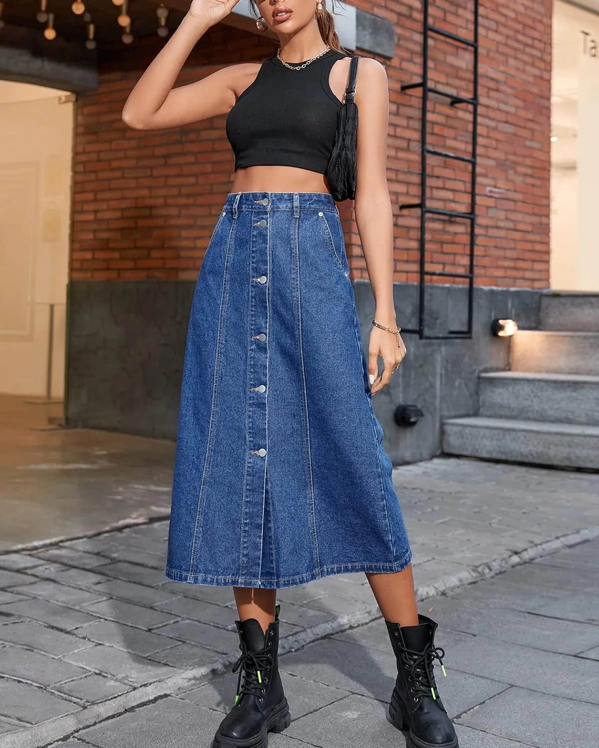 Womens High Waisted Washed Button Front Denim Long Skirt Midi Length A Line Denim Jean Pencil Skirt