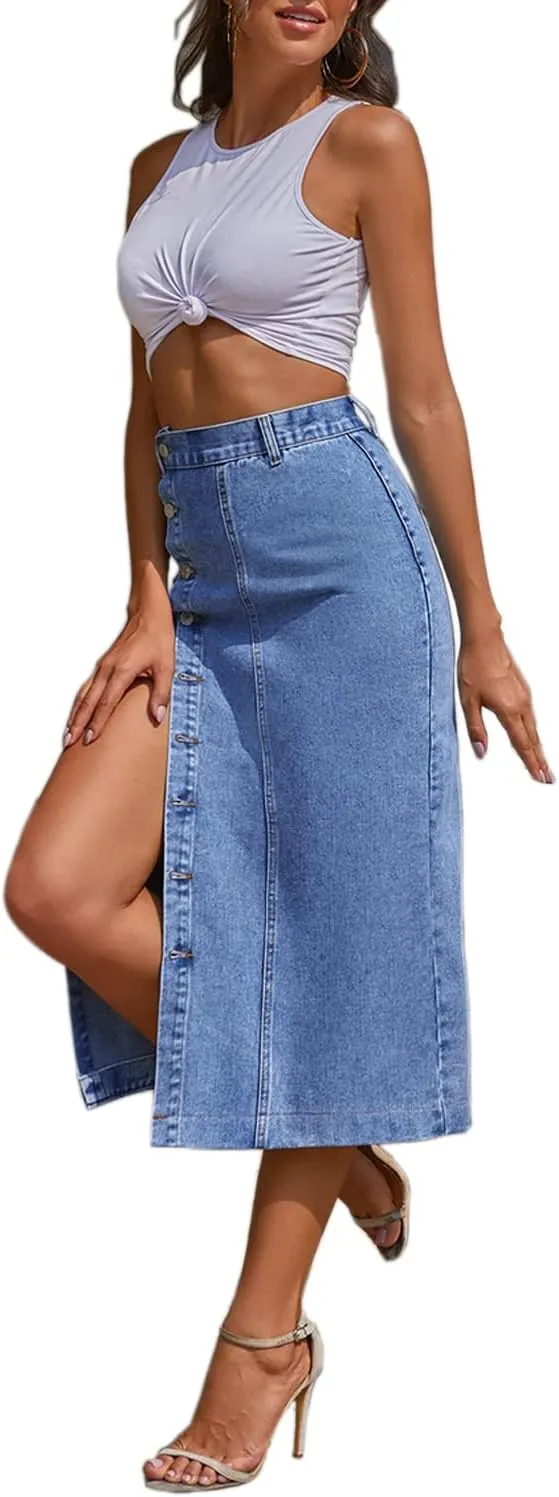 Womens High Waisted Washed Button Front Denim Long Skirt Midi Length A Line Denim Jean Pencil Skirt