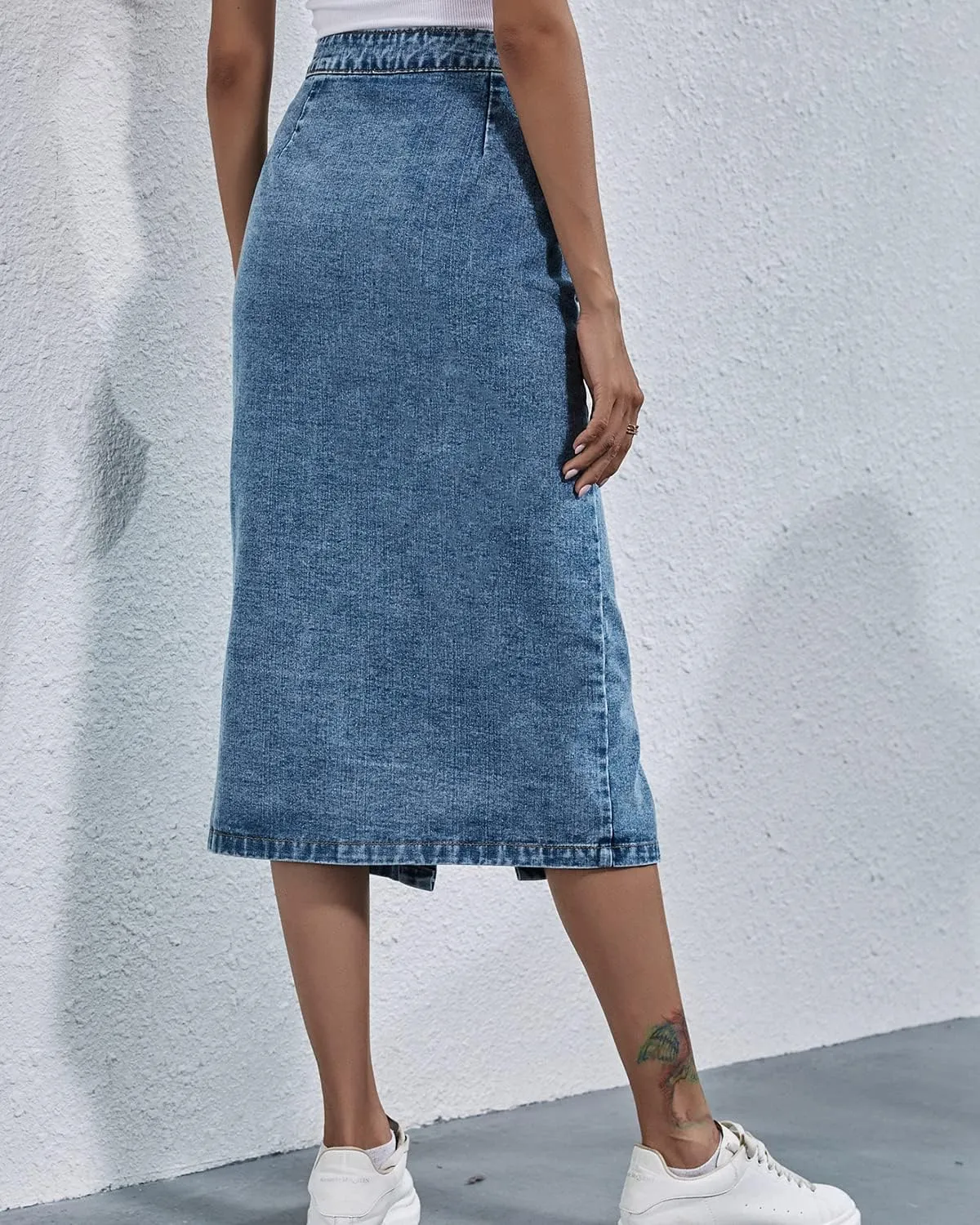 Womens High Waisted Washed Button Front Denim Long Skirt Midi Length A Line Denim Jean Pencil Skirt