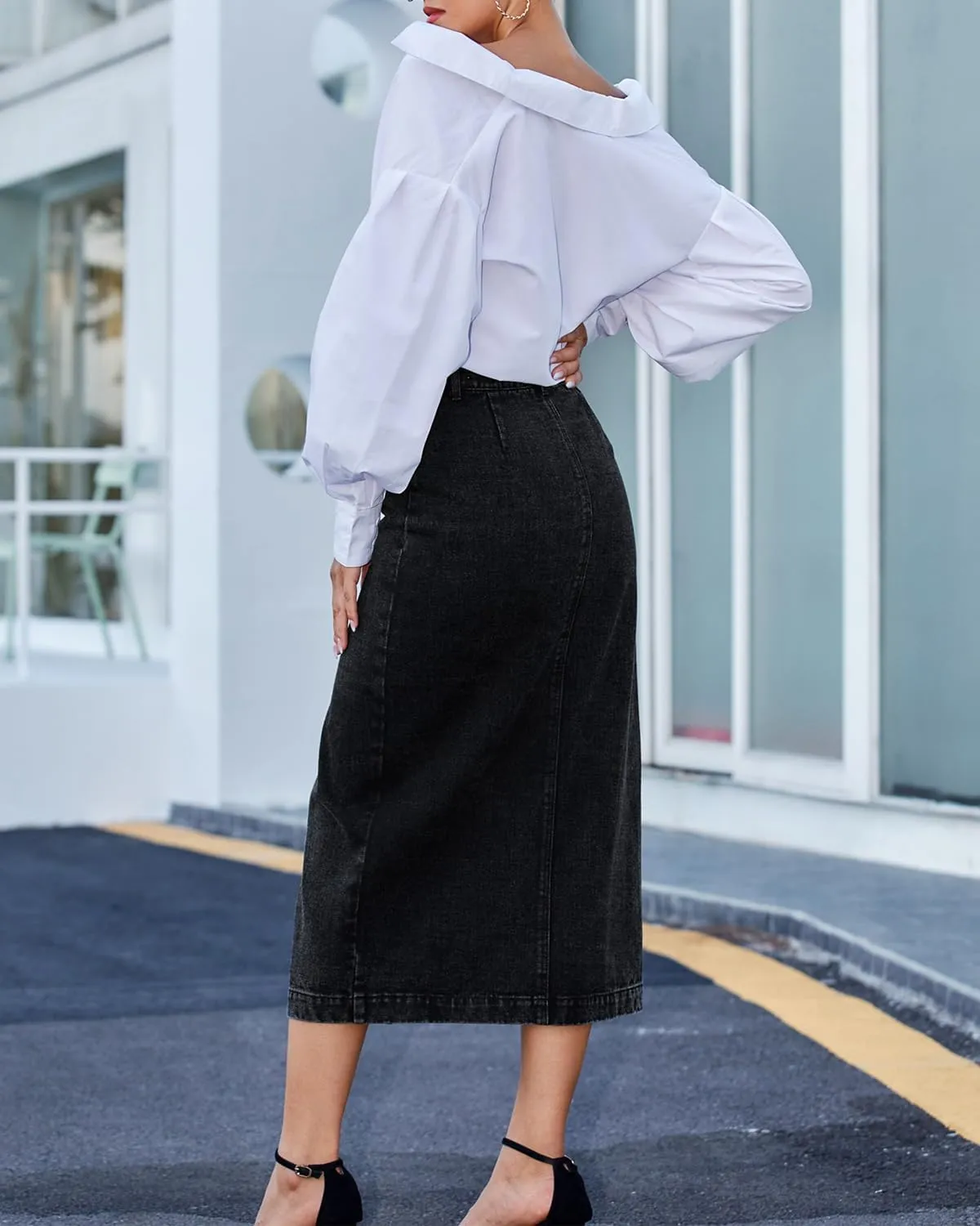 Womens High Waisted Washed Button Front Denim Long Skirt Midi Length A Line Denim Jean Pencil Skirt