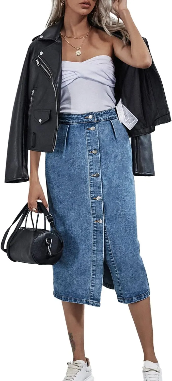 Womens High Waisted Washed Button Front Denim Long Skirt Midi Length A Line Denim Jean Pencil Skirt