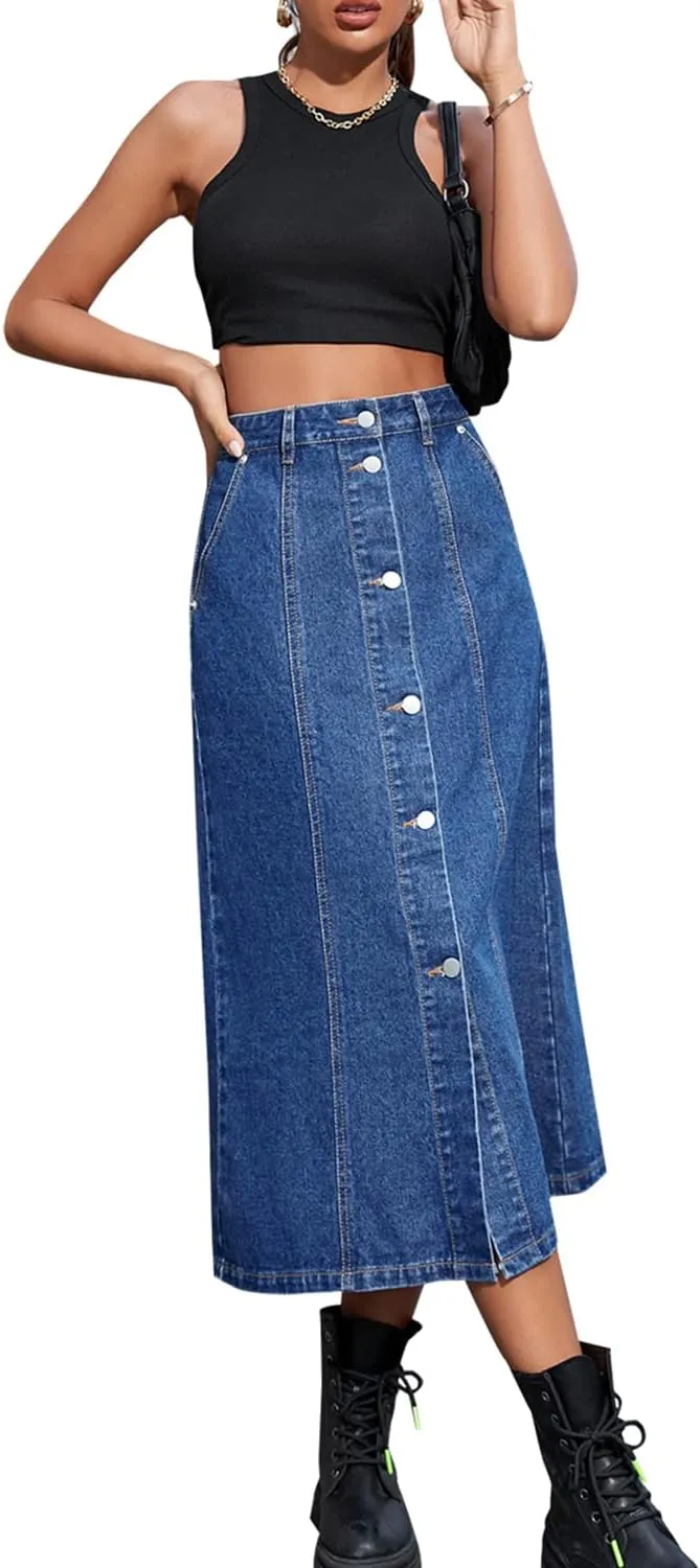 Womens High Waisted Washed Button Front Denim Long Skirt Midi Length A Line Denim Jean Pencil Skirt