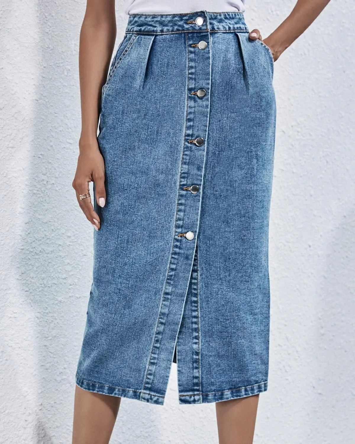 Womens High Waisted Washed Button Front Denim Long Skirt Midi Length A Line Denim Jean Pencil Skirt