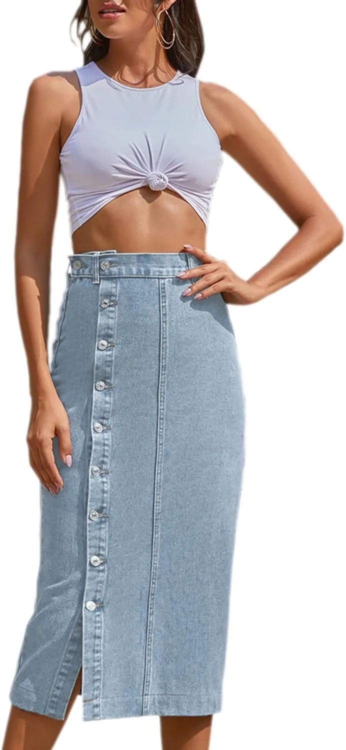 Womens High Waisted Washed Button Front Denim Long Skirt Midi Length A Line Denim Jean Pencil Skirt