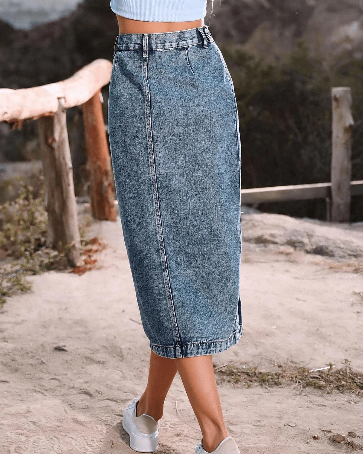 Womens High Waisted Washed Button Front Denim Long Skirt Midi Length A Line Denim Jean Pencil Skirt