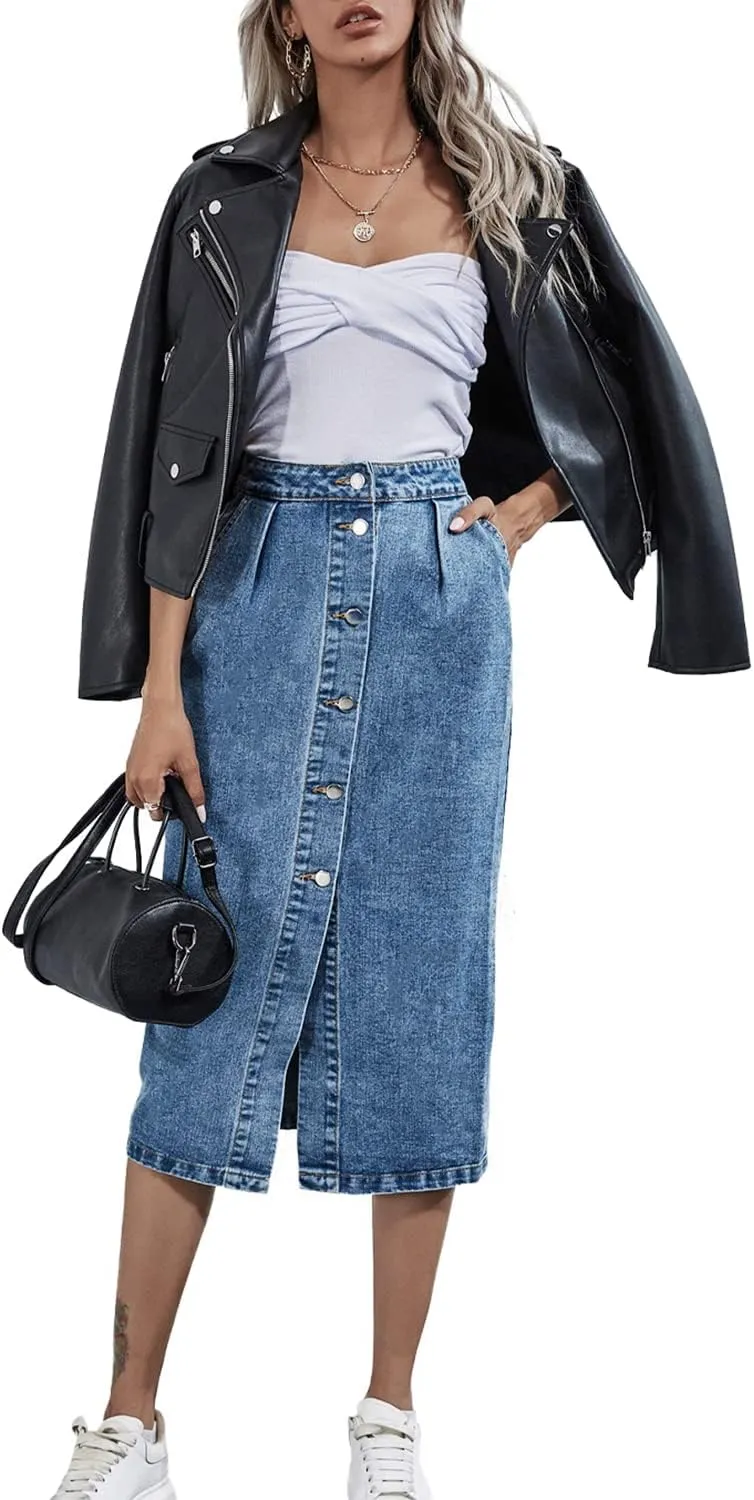 Womens High Waisted Washed Button Front Denim Long Skirt Midi Length A Line Denim Jean Pencil Skirt
