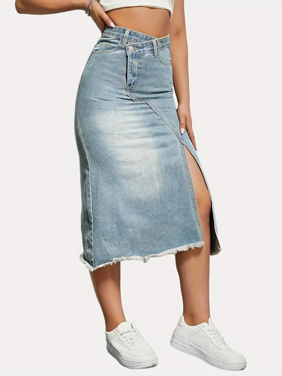 Women's Jean Skirts High Waist Split Denim Skirt Fashion Bodycon Skirt with Pocket Summer Skirt