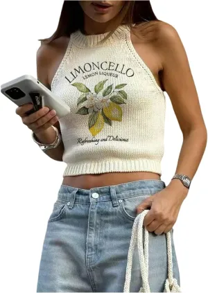 Women's Lemon Graphic Sleeveless Sweater Tank Top Knitted Slim Fit Crop Halter Tops