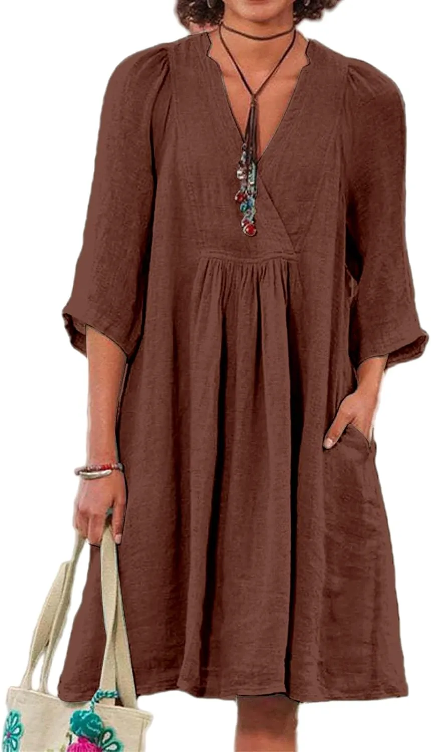Womens Linen Dress Summer Casual A-line Dresses 3/4 Sleeve Knee Length Ruched Midi Dress V Neck Shift Dresses 2025