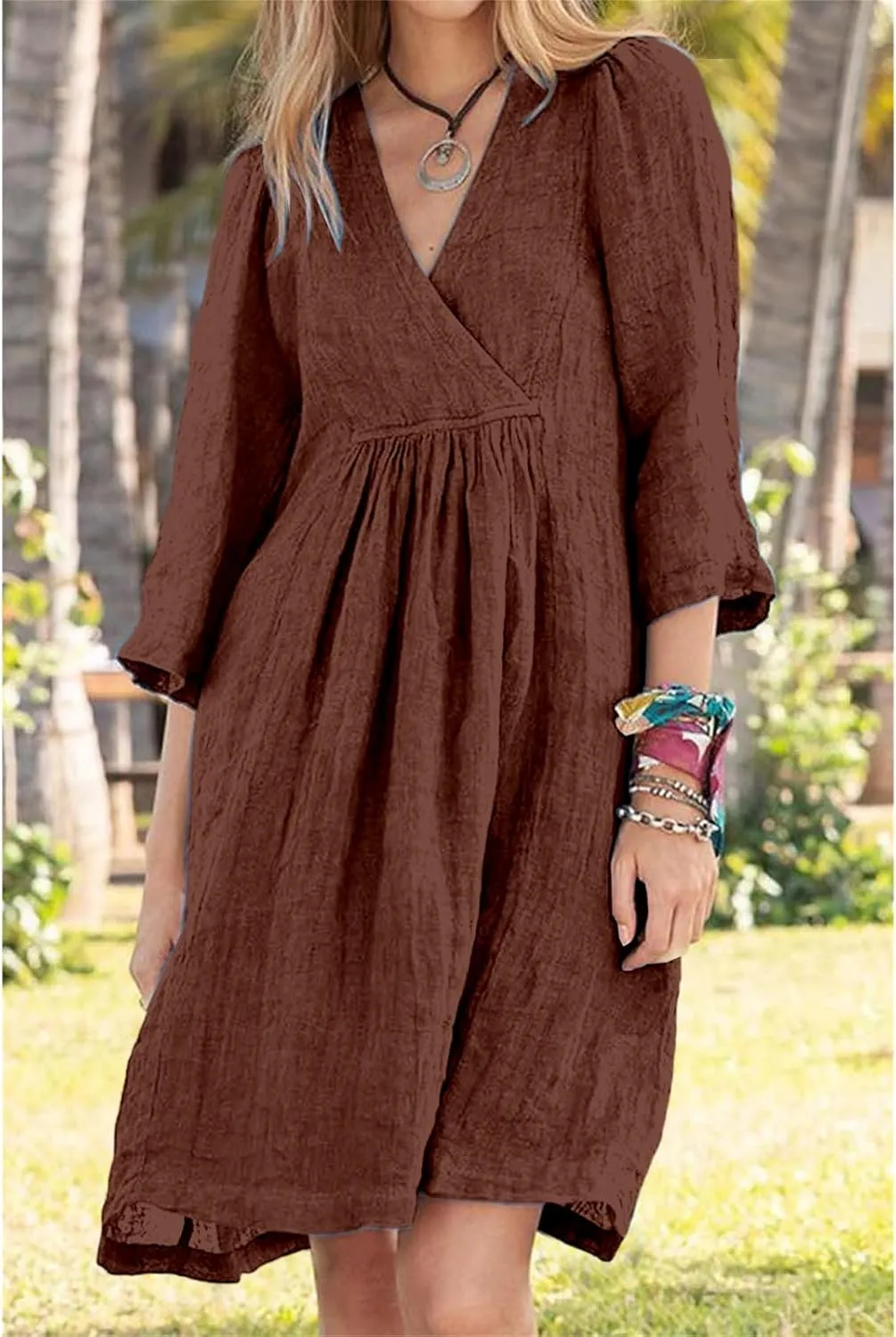 Womens Linen Dress Summer Casual A-line Dresses 3/4 Sleeve Knee Length Ruched Midi Dress V Neck Shift Dresses 2025
