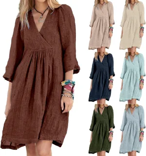Womens Linen Dress Summer Casual A-line Dresses 3/4 Sleeve Knee Length Ruched Midi Dress V Neck Shift Dresses 2025