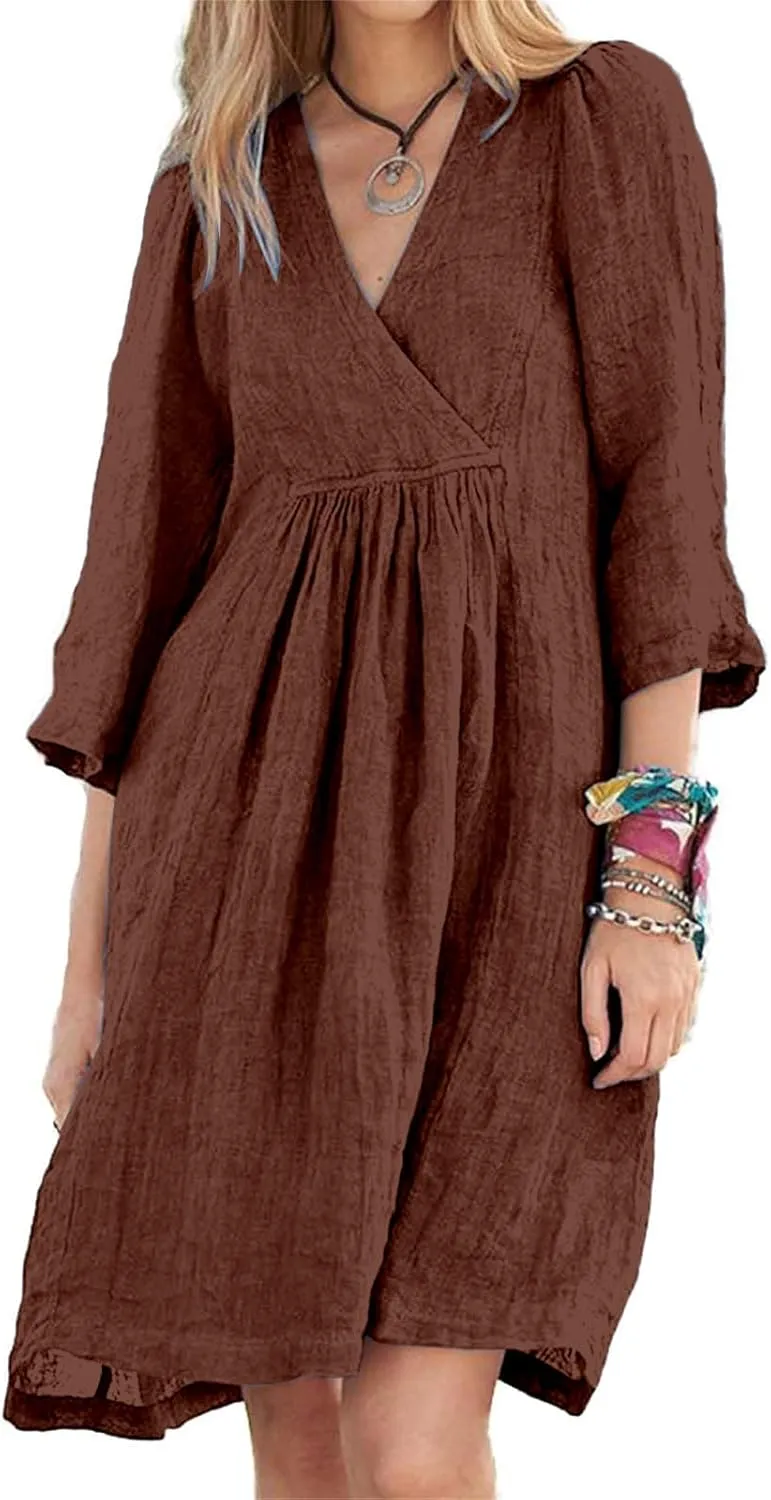 Womens Linen Dress Summer Casual A-line Dresses 3/4 Sleeve Knee Length Ruched Midi Dress V Neck Shift Dresses 2025