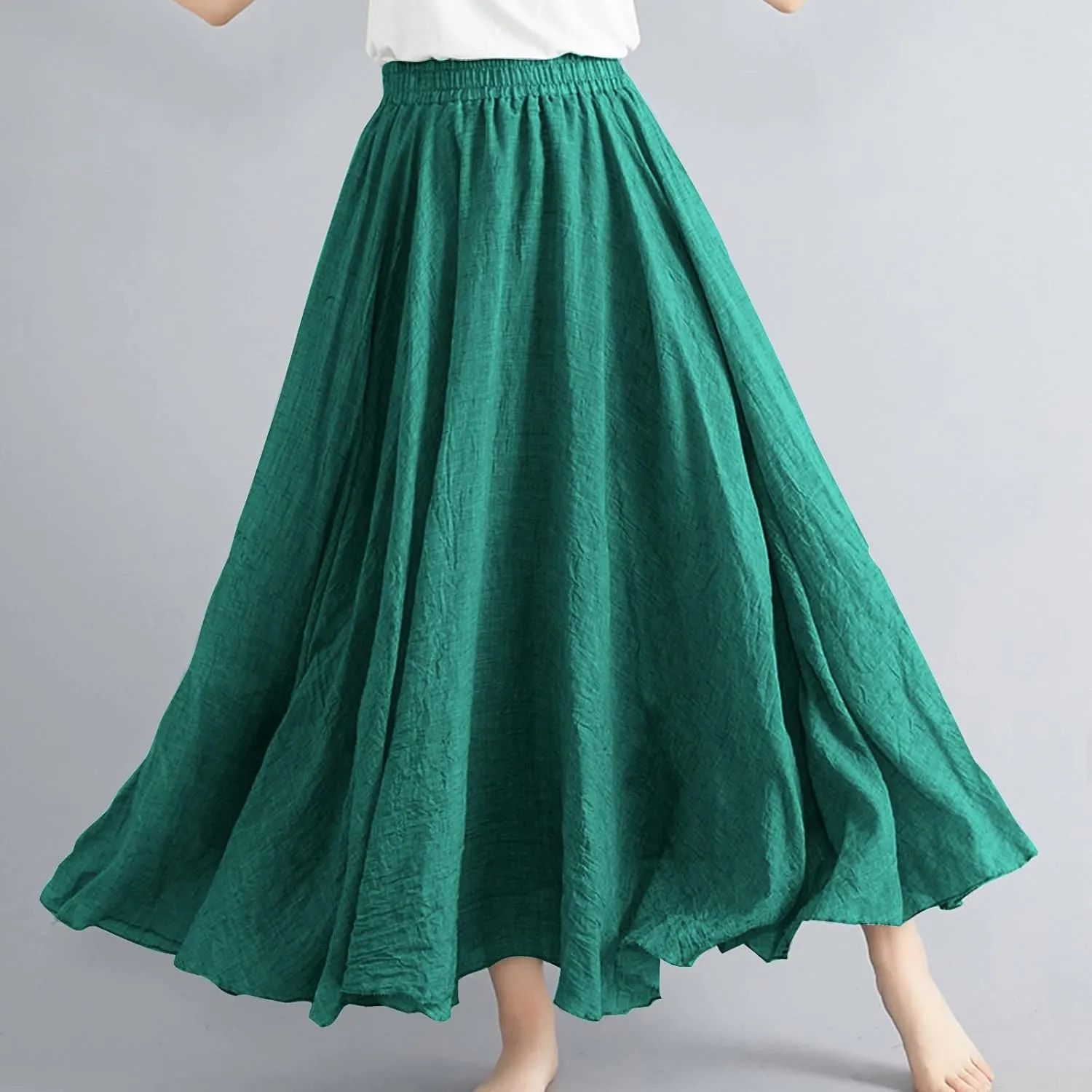 Womens Linen Maxi Skirts Summer Boho Solid Beach Elastic High Waist Pleated A-Line Flowy Swing Long Maxi Skirts