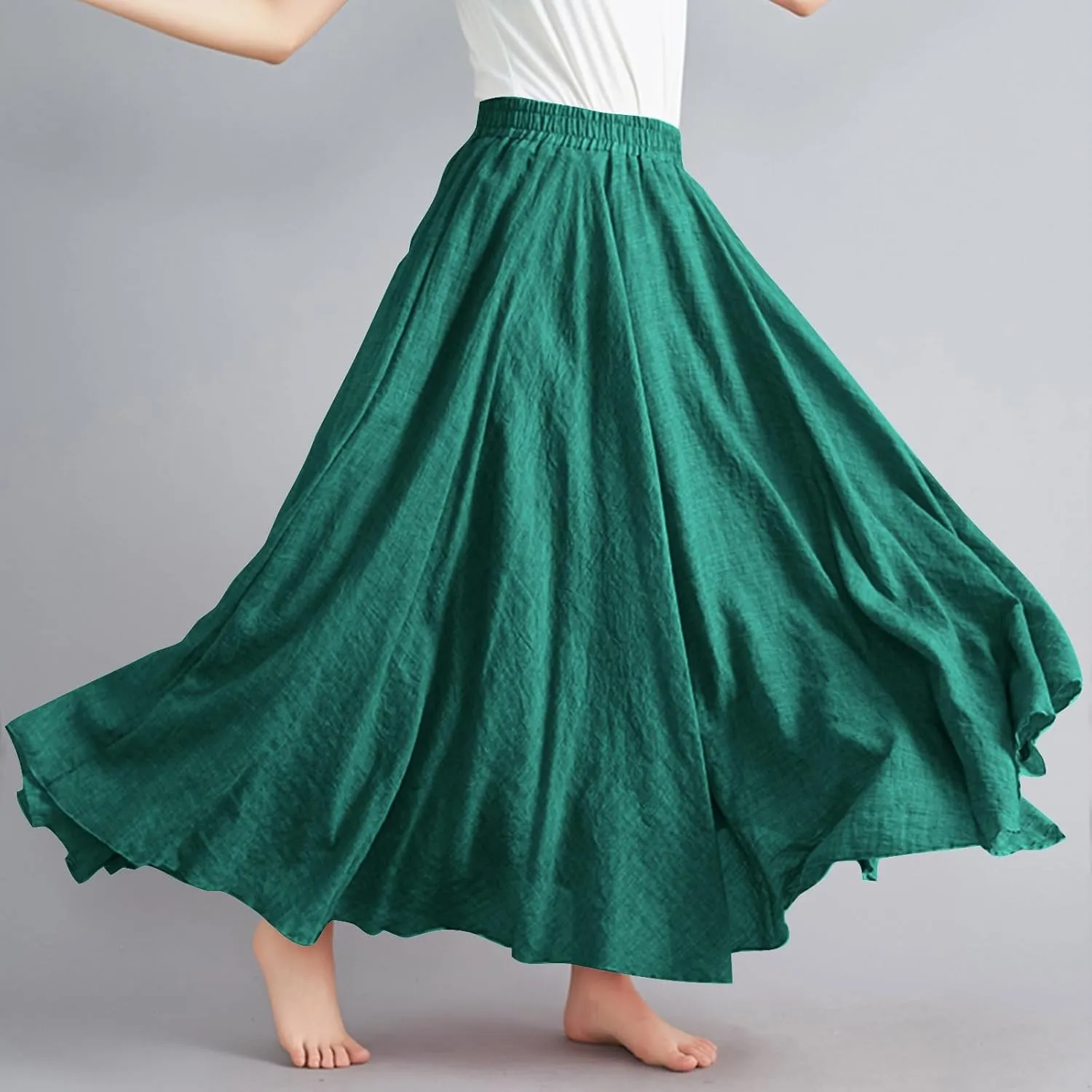 Womens Linen Maxi Skirts Summer Boho Solid Beach Elastic High Waist Pleated A-Line Flowy Swing Long Maxi Skirts