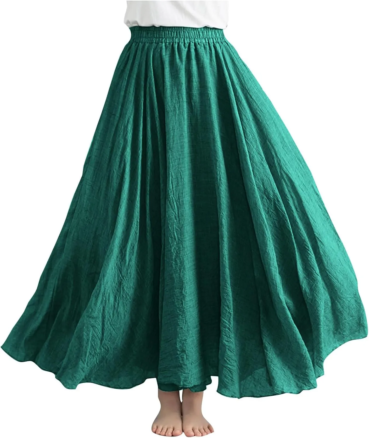 Womens Linen Maxi Skirts Summer Boho Solid Beach Elastic High Waist Pleated A-Line Flowy Swing Long Maxi Skirts