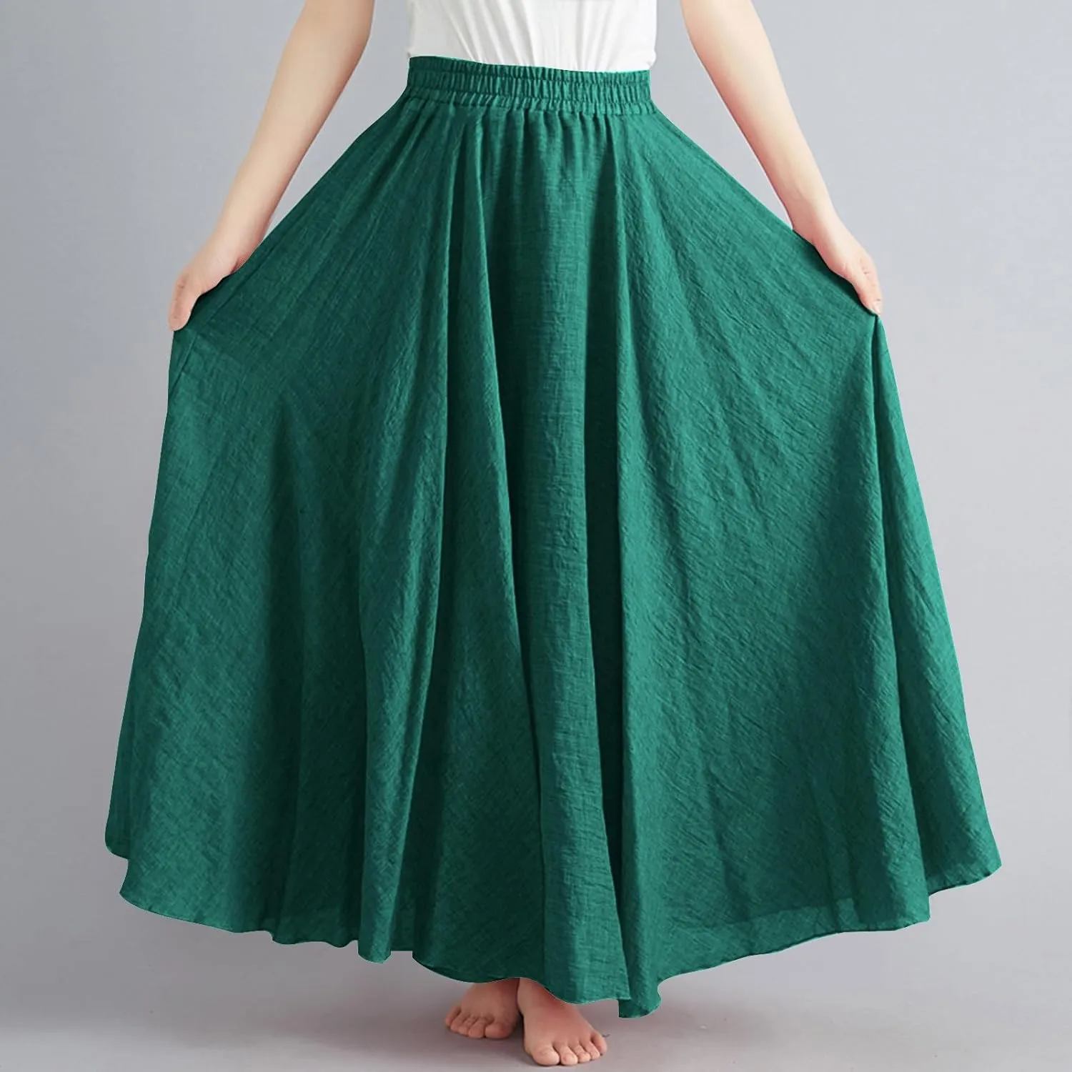 Womens Linen Maxi Skirts Summer Boho Solid Beach Elastic High Waist Pleated A-Line Flowy Swing Long Maxi Skirts