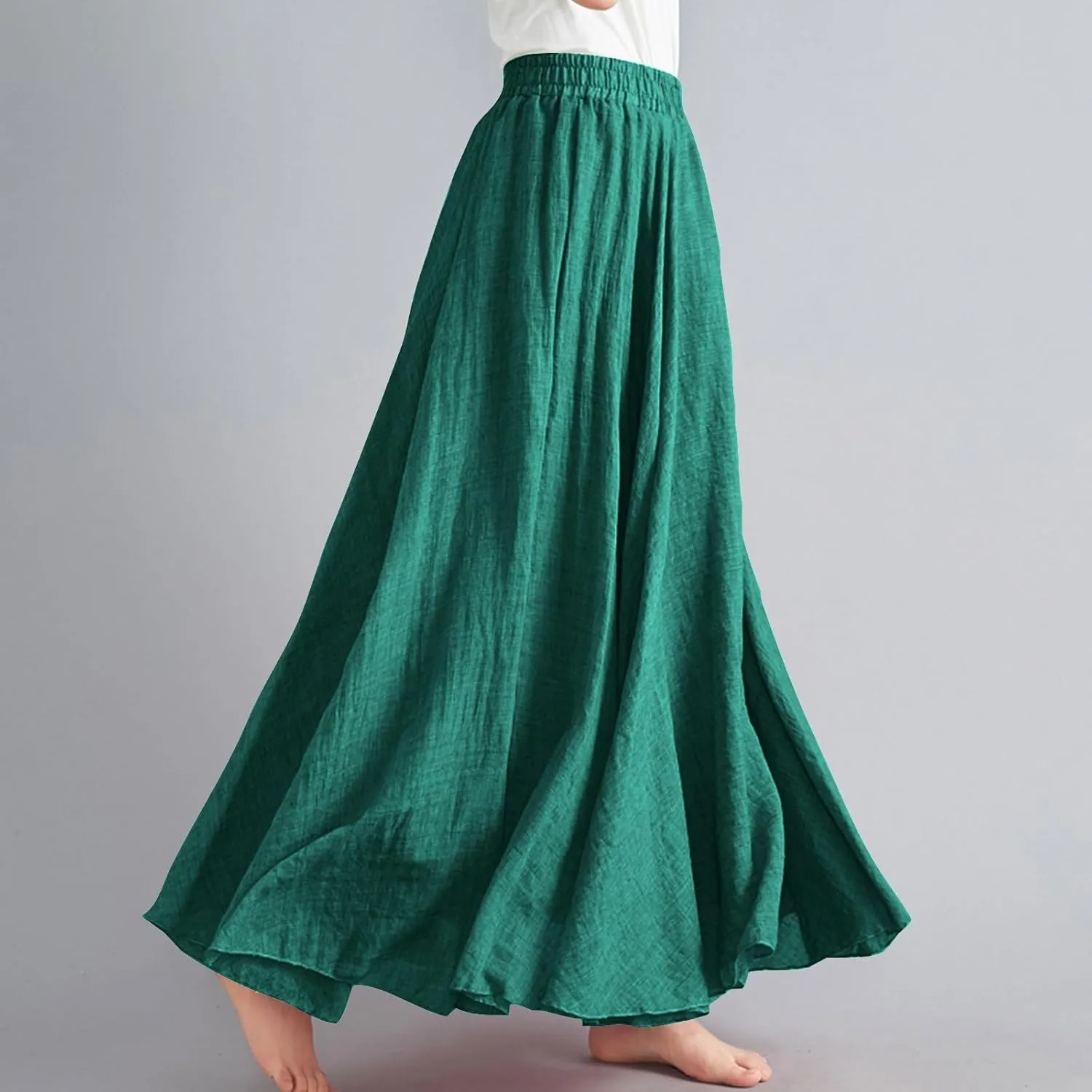Womens Linen Maxi Skirts Summer Boho Solid Beach Elastic High Waist Pleated A-Line Flowy Swing Long Maxi Skirts