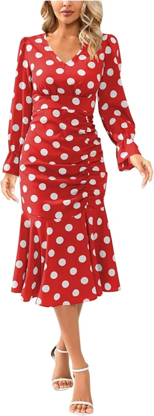 Women's Long Sleeve Sexy Wrap V Neck Dresses Polka Dot Elegant Cocktail Party Work Knee Length Pleated Mermaid Dress
