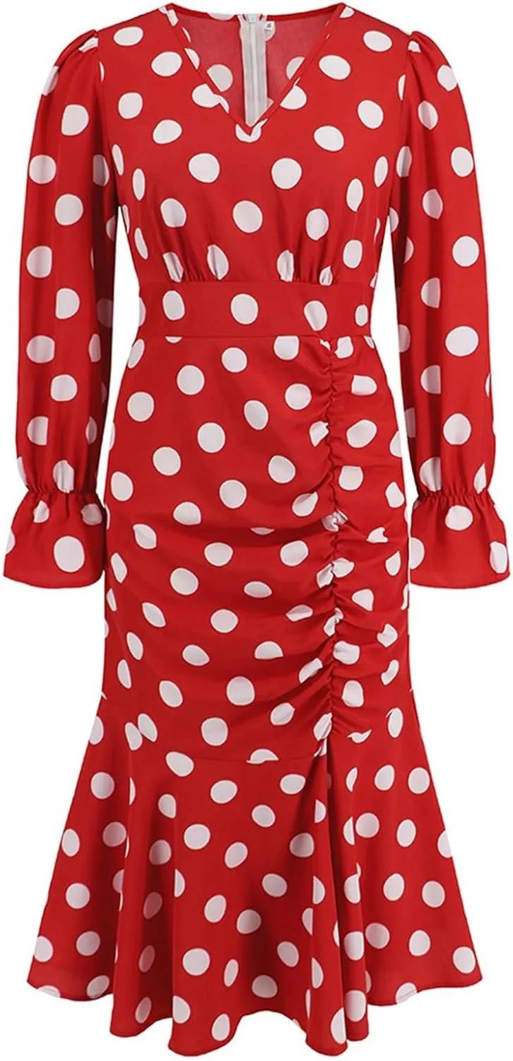 Women's Long Sleeve Sexy Wrap V Neck Dresses Polka Dot Elegant Cocktail Party Work Knee Length Pleated Mermaid Dress