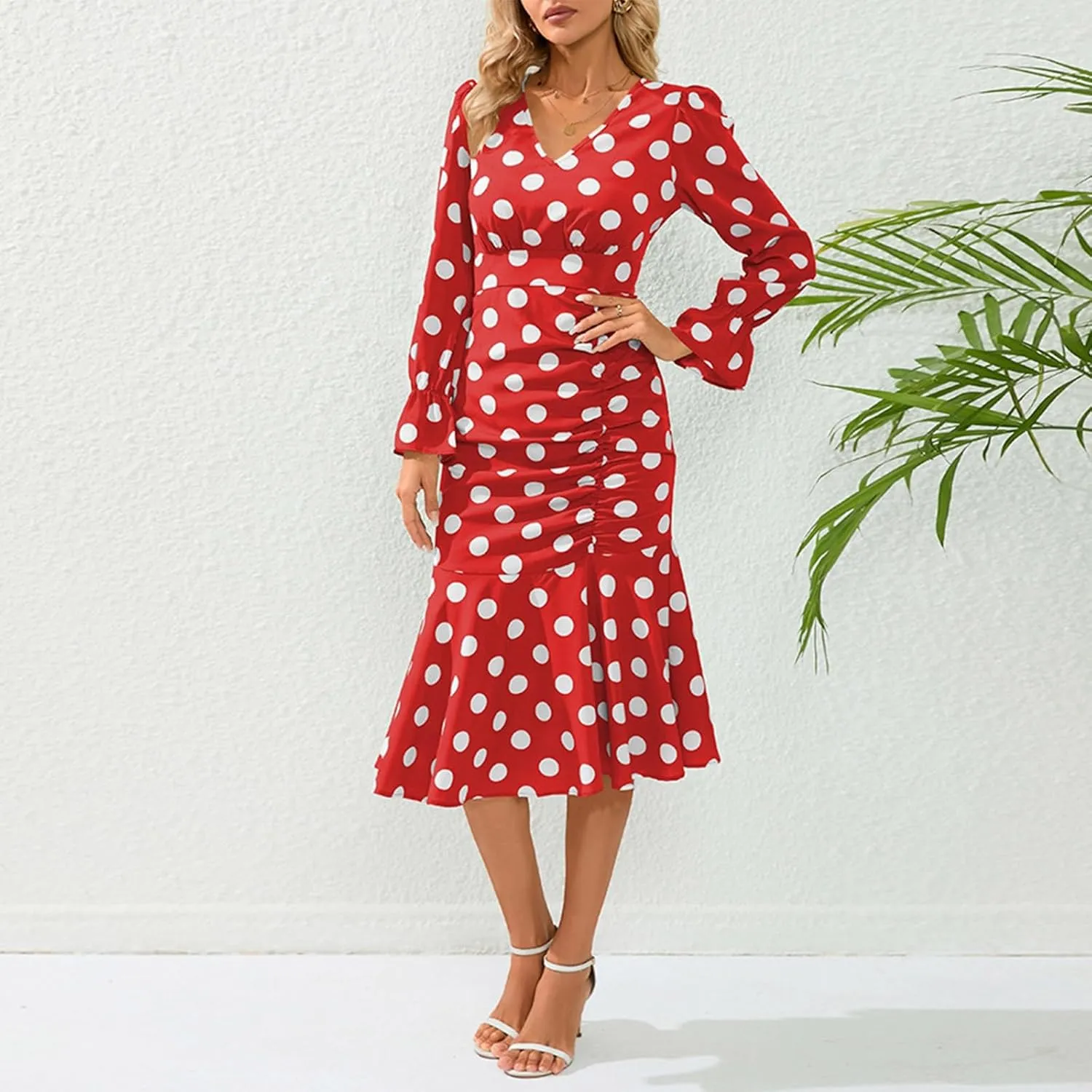Women's Long Sleeve Sexy Wrap V Neck Dresses Polka Dot Elegant Cocktail Party Work Knee Length Pleated Mermaid Dress