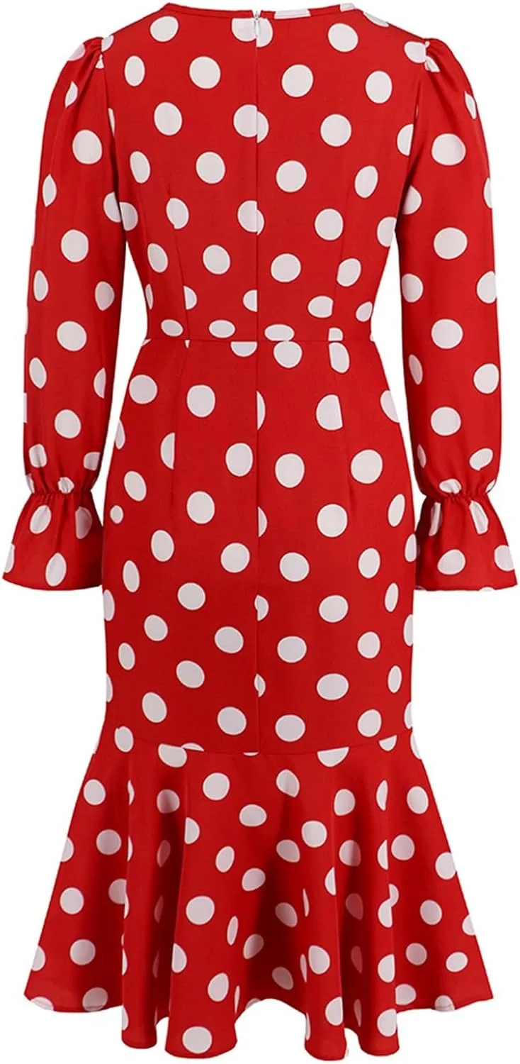 Women's Long Sleeve Sexy Wrap V Neck Dresses Polka Dot Elegant Cocktail Party Work Knee Length Pleated Mermaid Dress