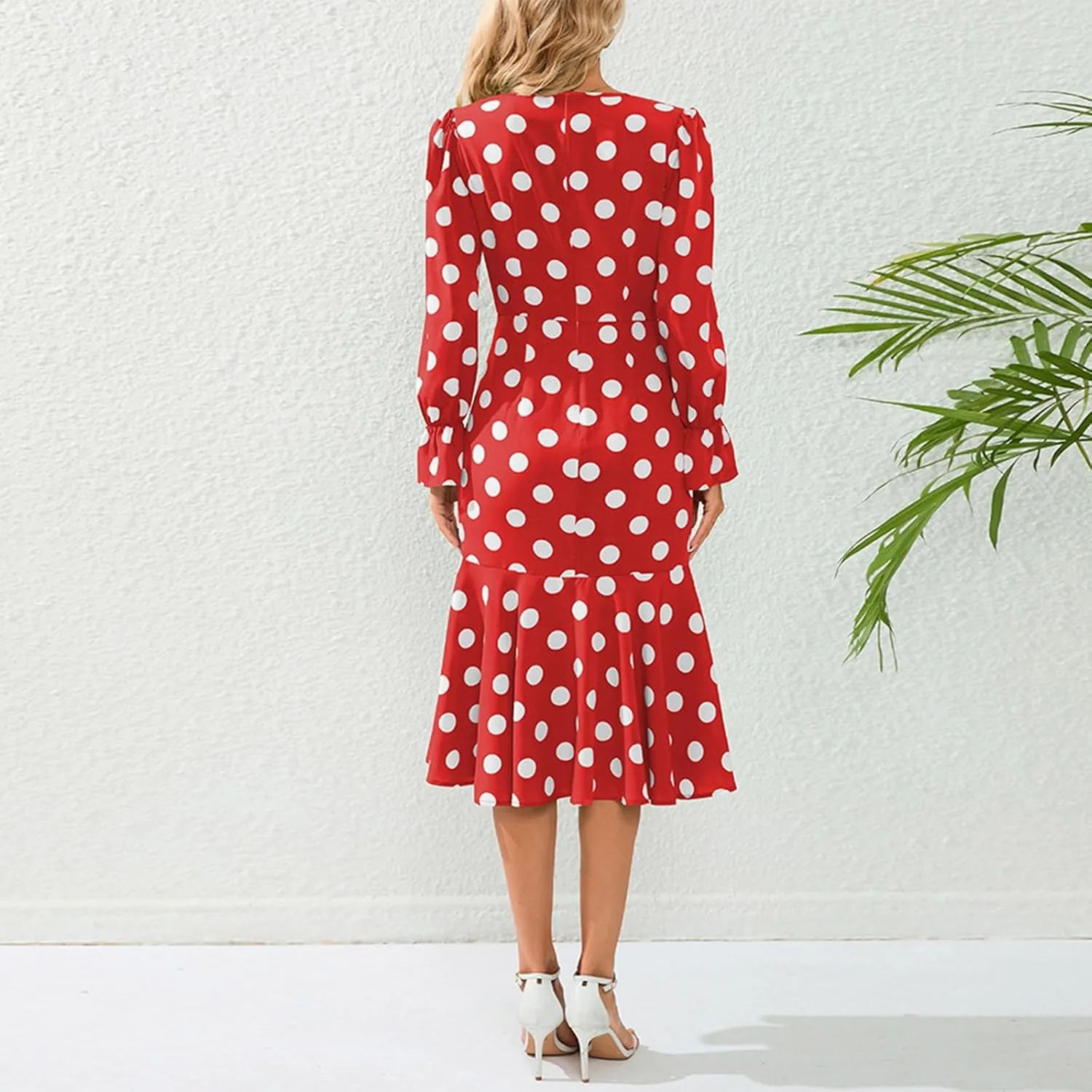 Women's Long Sleeve Sexy Wrap V Neck Dresses Polka Dot Elegant Cocktail Party Work Knee Length Pleated Mermaid Dress