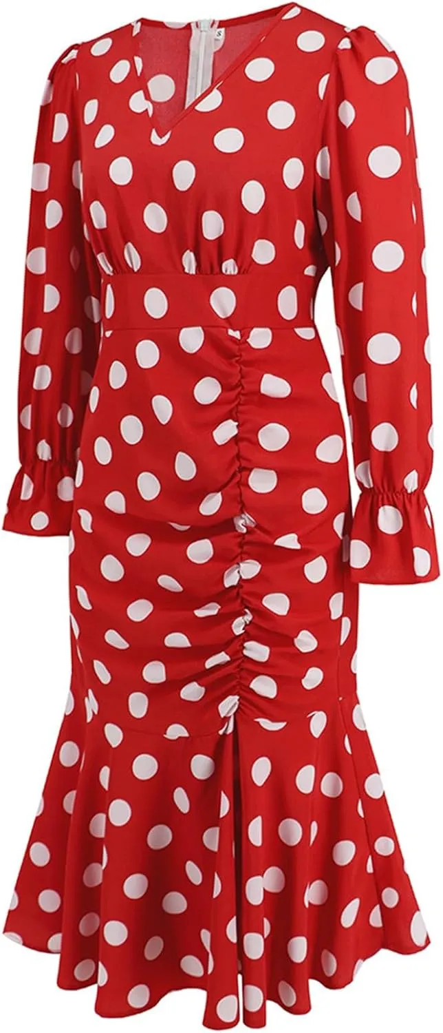 Women's Long Sleeve Sexy Wrap V Neck Dresses Polka Dot Elegant Cocktail Party Work Knee Length Pleated Mermaid Dress