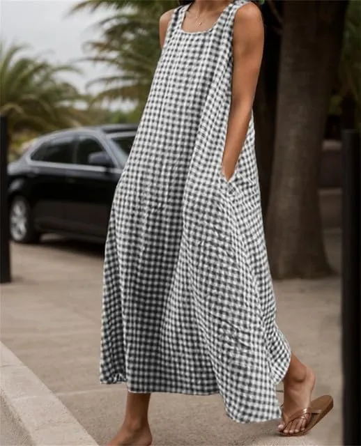 Women's Maxi Casual Cotton Linen Gingham Tank Dress Flowy Swing Loose Dresses Summer Beach Vacation Long Sundresses for Women