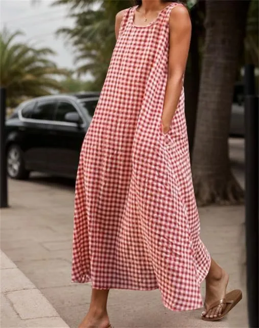 Women's Maxi Casual Cotton Linen Gingham Tank Dress Flowy Swing Loose Dresses Summer Beach Vacation Long Sundresses for Women