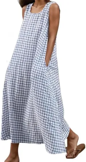 Women's Maxi Casual Cotton Linen Gingham Tank Dress Flowy Swing Loose Dresses Summer Beach Vacation Long Sundresses for Women