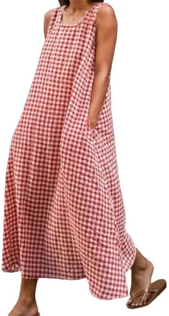 Women's Maxi Casual Cotton Linen Gingham Tank Dress Flowy Swing Loose Dresses Summer Beach Vacation Long Sundresses for Women