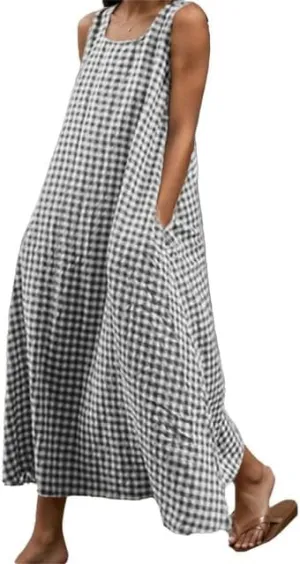 Women's Maxi Casual Cotton Linen Gingham Tank Dress Flowy Swing Loose Dresses Summer Beach Vacation Long Sundresses for Women