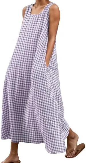 Women's Maxi Casual Cotton Linen Gingham Tank Dress Flowy Swing Loose Dresses Summer Beach Vacation Long Sundresses for Women