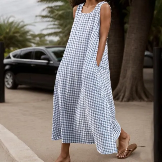 Women's Maxi Casual Cotton Linen Gingham Tank Dress Flowy Swing Loose Dresses Summer Beach Vacation Long Sundresses for Women
