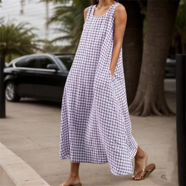 Women's Maxi Casual Cotton Linen Gingham Tank Dress Flowy Swing Loose Dresses Summer Beach Vacation Long Sundresses for Women