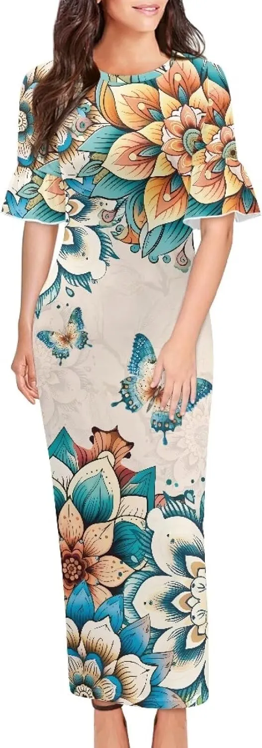 Women's Maxi Dress Summer Casual Crewneck Short Ruffle Sleeve Bodycon Dresses, Size S-4XL