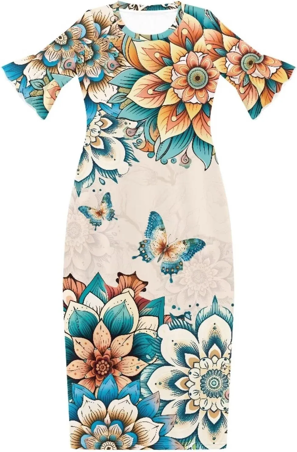 Women's Maxi Dress Summer Casual Crewneck Short Ruffle Sleeve Bodycon Dresses, Size S-4XL