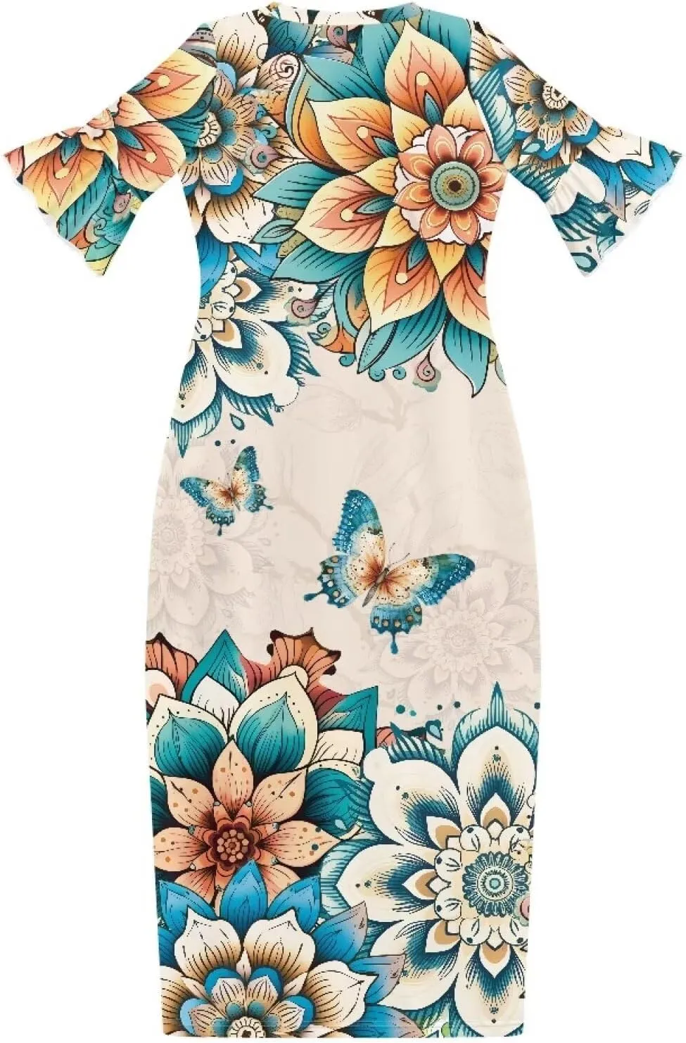 Women's Maxi Dress Summer Casual Crewneck Short Ruffle Sleeve Bodycon Dresses, Size S-4XL