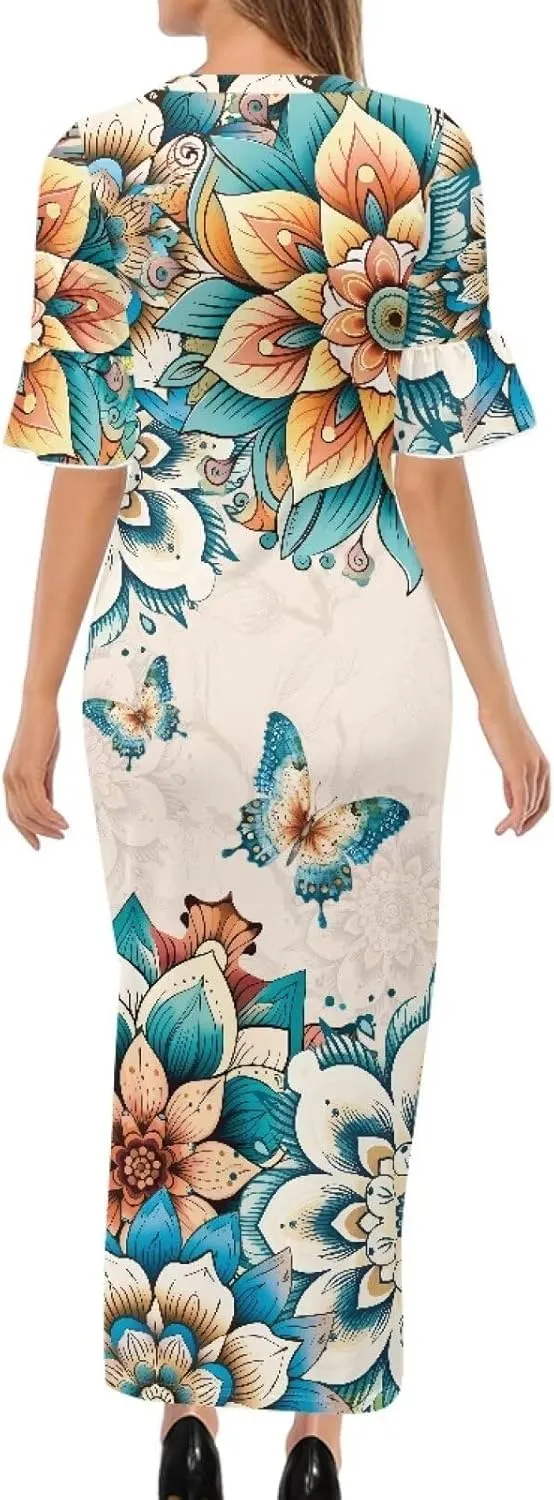 Women's Maxi Dress Summer Casual Crewneck Short Ruffle Sleeve Bodycon Dresses, Size S-4XL