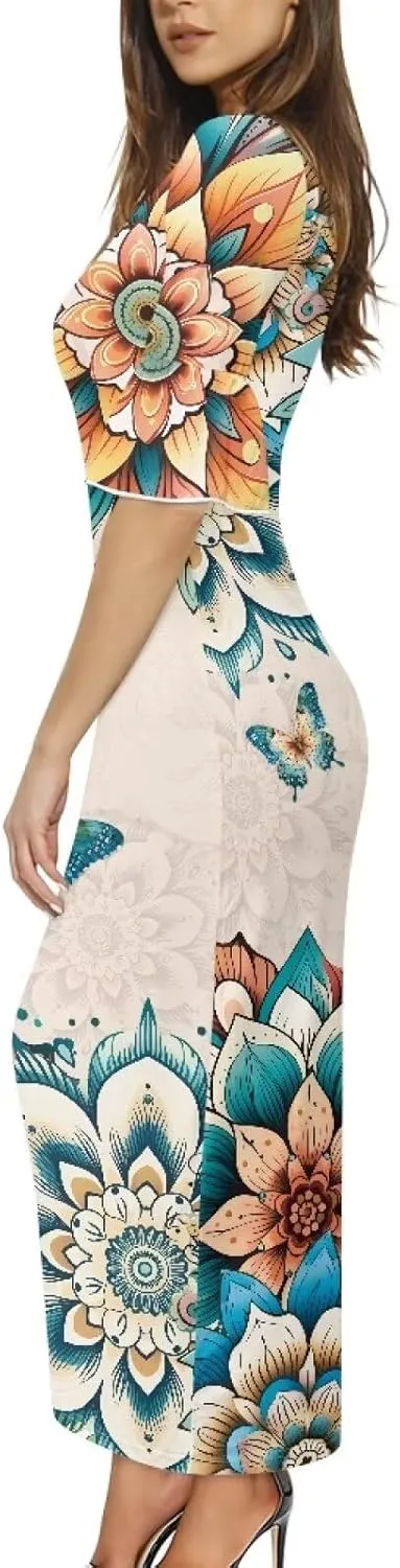 Women's Maxi Dress Summer Casual Crewneck Short Ruffle Sleeve Bodycon Dresses, Size S-4XL