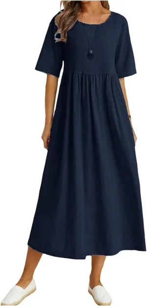 Women's Maxi Dresses Short Sleeve Long Casual Summer Cotton Linen Crewneck Loose Plus Size Basic Beach Midi Dresses