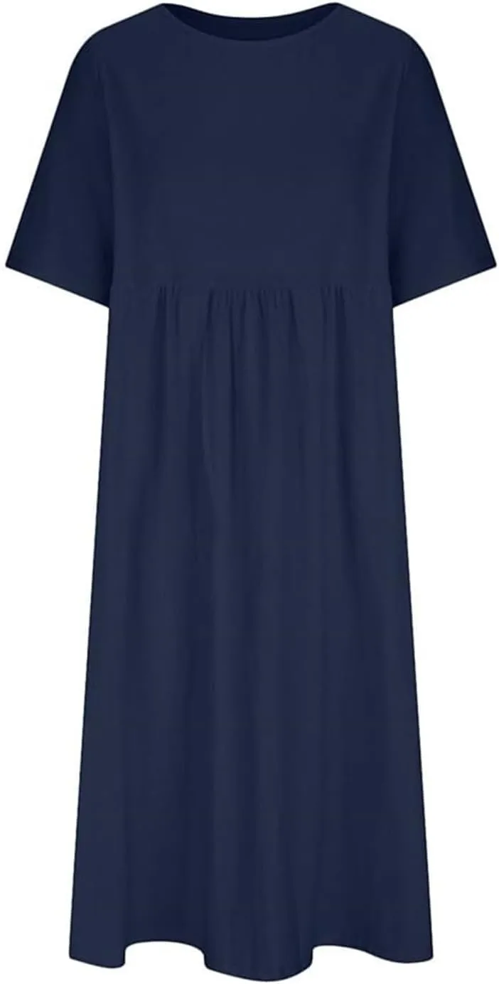 Women's Maxi Dresses Short Sleeve Long Casual Summer Cotton Linen Crewneck Loose Plus Size Basic Beach Midi Dresses