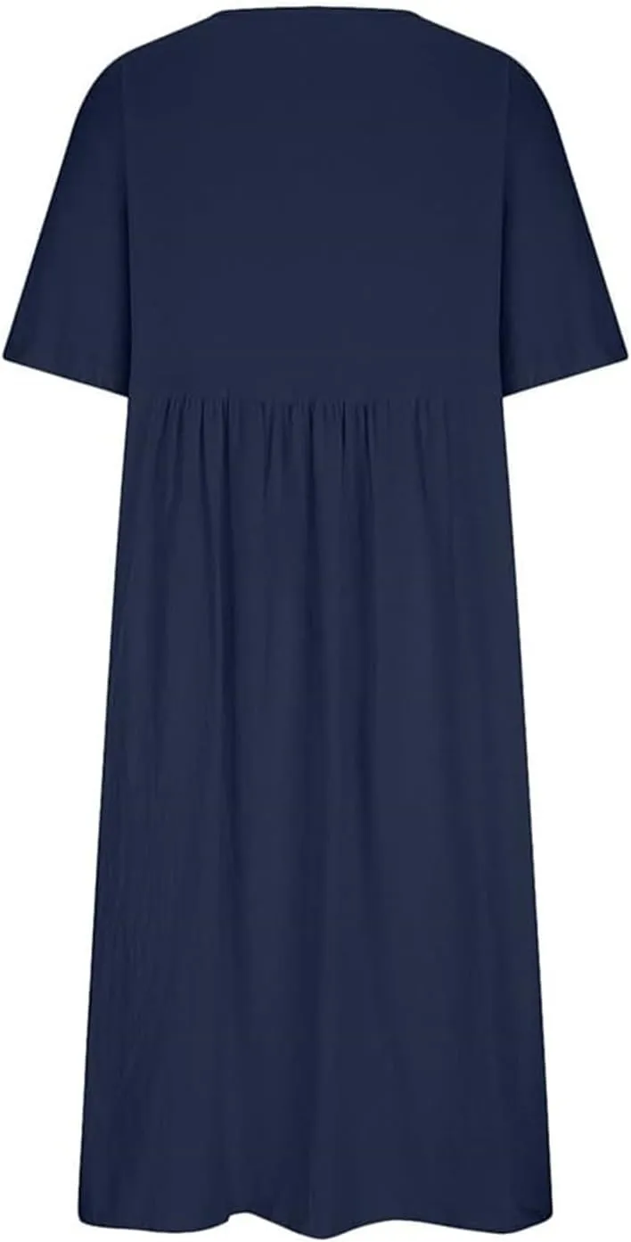 Women's Maxi Dresses Short Sleeve Long Casual Summer Cotton Linen Crewneck Loose Plus Size Basic Beach Midi Dresses