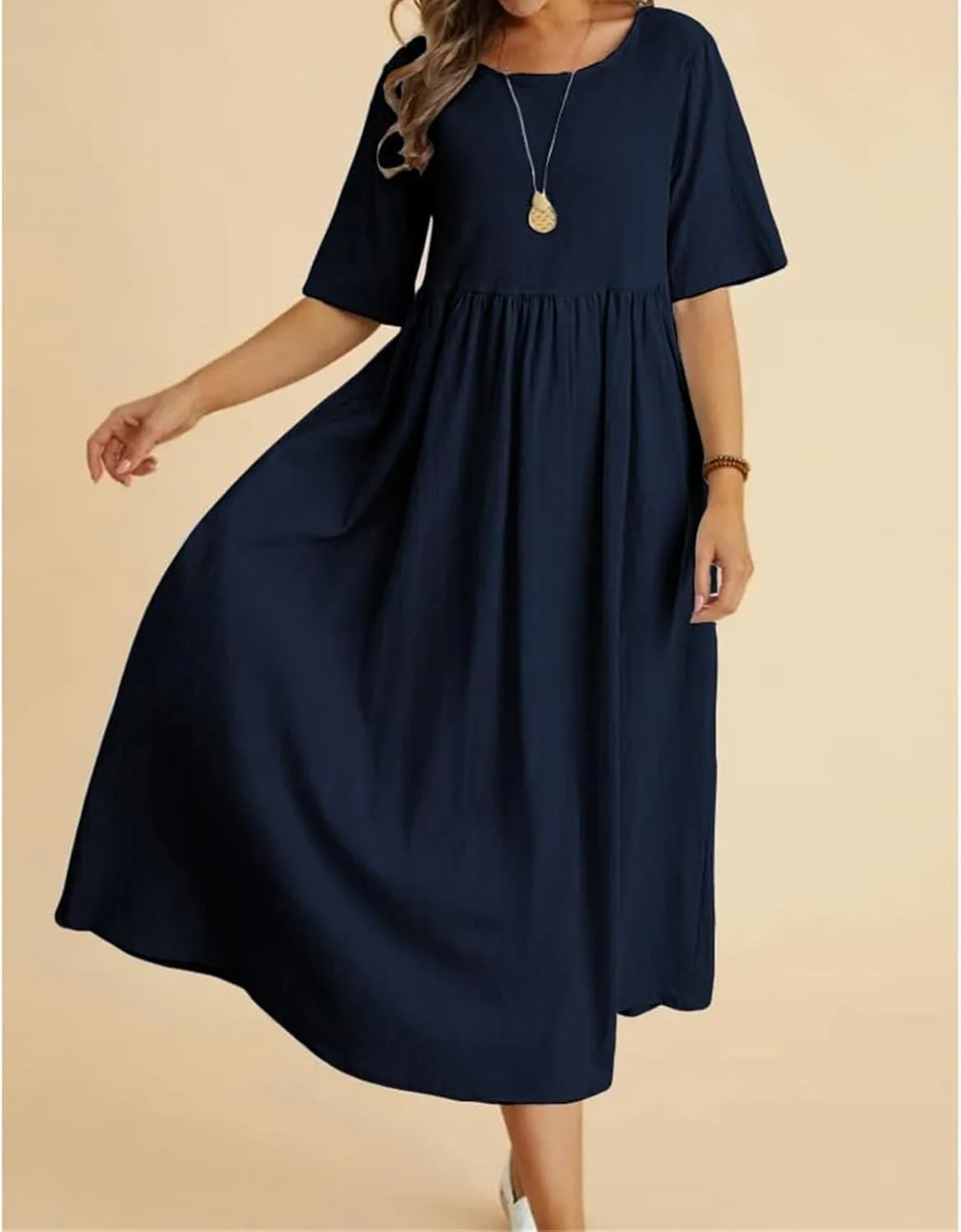 Women's Maxi Dresses Short Sleeve Long Casual Summer Cotton Linen Crewneck Loose Plus Size Basic Beach Midi Dresses